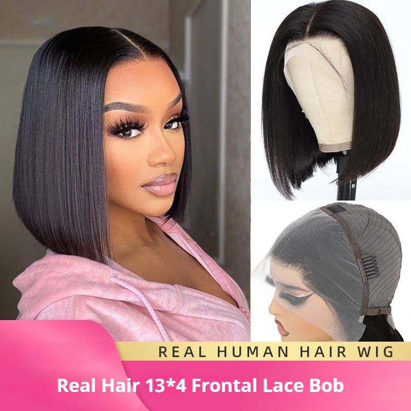 200% Density |13x4 Full Frontal Straight Mid Part Lace Bob Wig 100% Human Hair