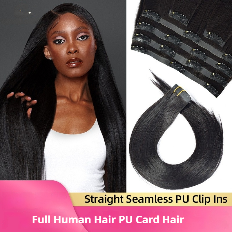 6pcs Nature Black Silky Straight 6 Pieces PU Clip In Hair Extensions 100% Human Hair 