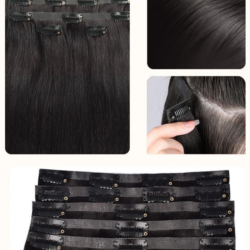 6pcs Nature Black Silky Straight 6 Pieces PU Clip In Hair Extensions 100% Human Hair 