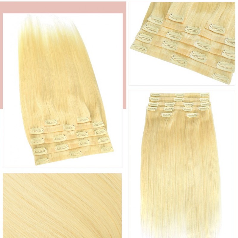 6pcs Gold Straight Seamless PU Clip In Hairpieces 100% Human Hair