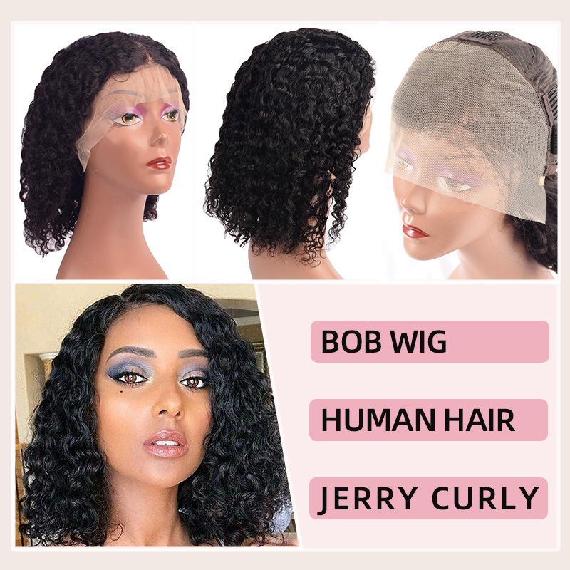 200% Density |13x4  Jerry Curly Full Front Lace Bob Wig 100% Human Hair