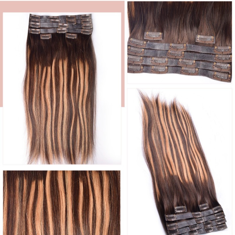 Highlight Brown Straight Small Seamless Clip in Hair Extensions Real Human Hair Pieces 6pcs