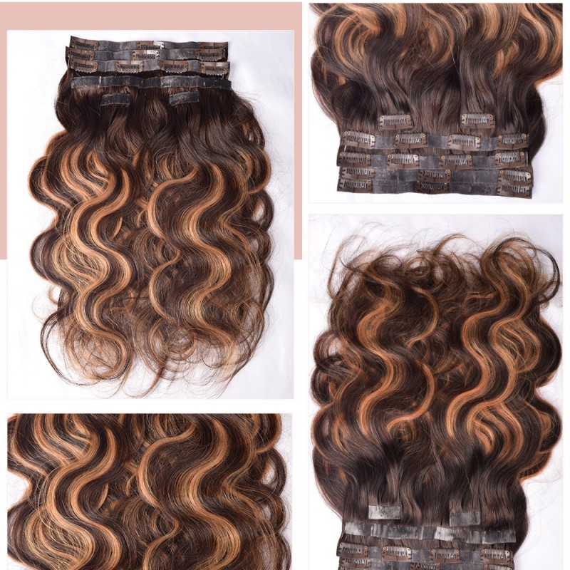 Highlight Brown Straight Small Seamless Clip in Hair Extensions Real Human Hair Pieces 6pcs