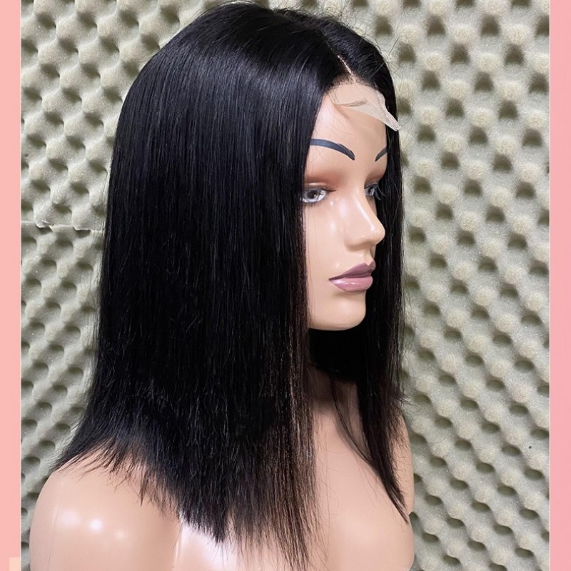 Nature Black Double Drawn Straight Bob Wig with 2x6 Lace Closure 100% Human Hair