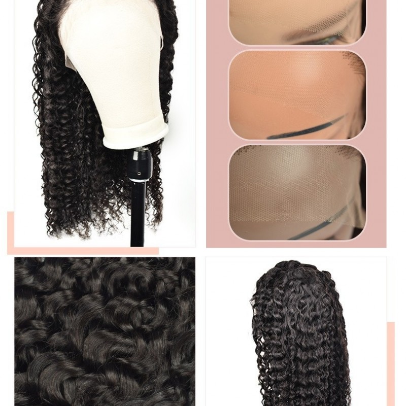 Nature Black 200% Density 4x4 Deep Curly Premium Lace Frontal Long Wig 100% Human Hair