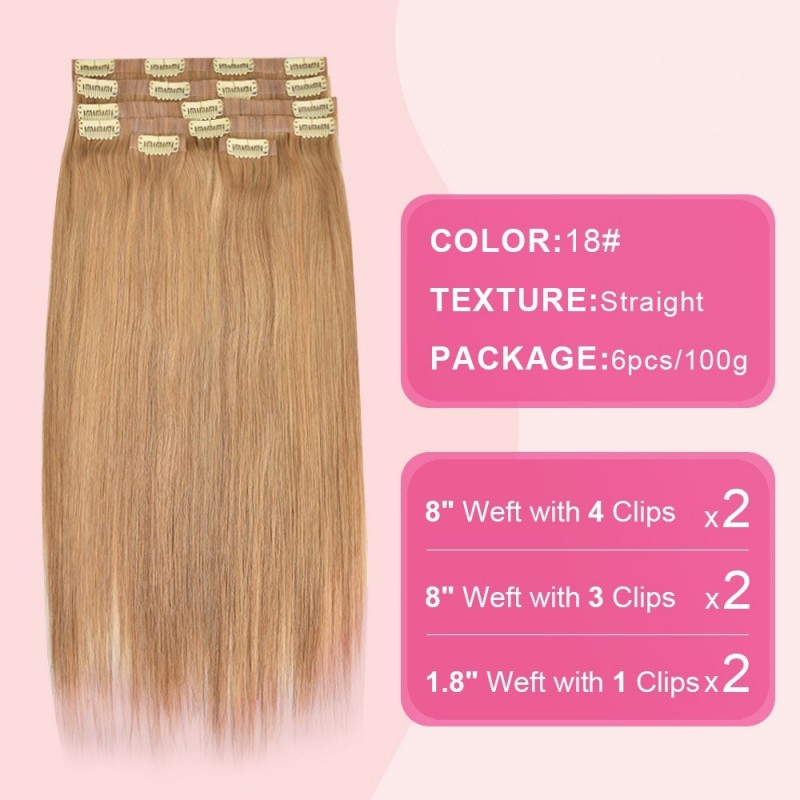 6pcs Gold Straight Seamless PU Clip In Hairpieces 100% Human Hair