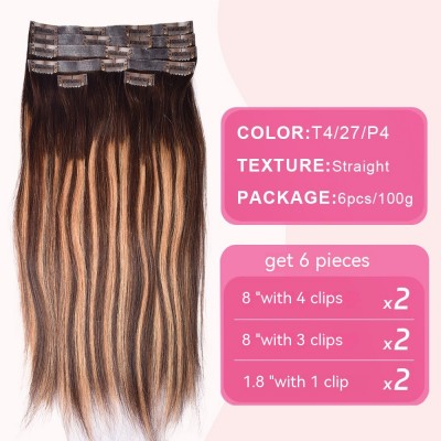 Highlight Brown Straight Small Seamless Clip in Hair Extensions Real Human Hair Pieces 6pcs