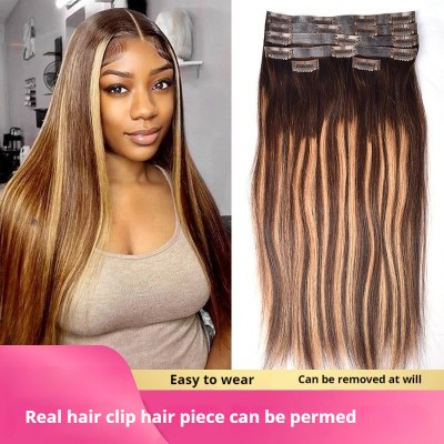 Highlight Brown Straight Small Seamless Clip in Hair Extensions Real Human Hair Pieces 6pcs