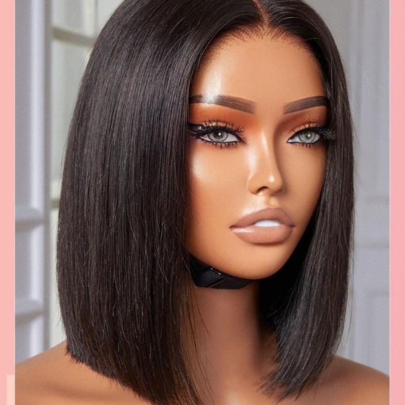 200% Density |13x4 Full Frontal Straight Mid Part Lace Bob Wig 100% Human Hair