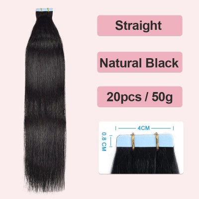 Nature Black Straight Invisible Tape In Human Hair Extensions 20pcs