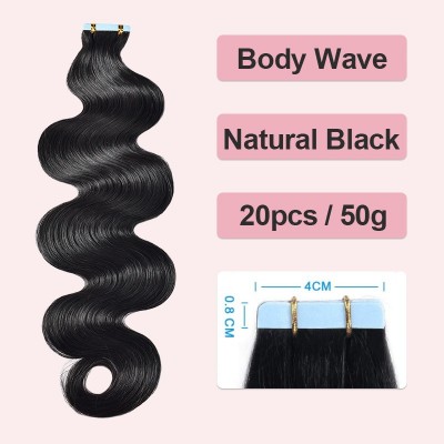 Black Body Wave Invisible Tape In Human Hair Extensions 20pcs