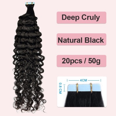 Black Deep Curly Invisible Tape In Human Hair Extensions 20pcs