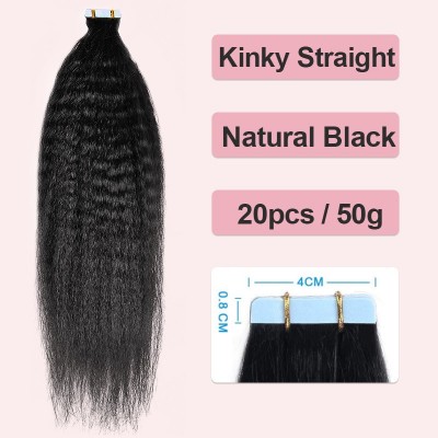 Kinky Straight Invisible Tape Ins Human Hair Extensions 20pcs