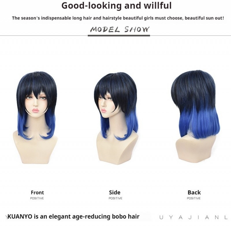 Demon Slayer Inosuke Hashibira Cosplay Wig Black Blue Gradient 40cm