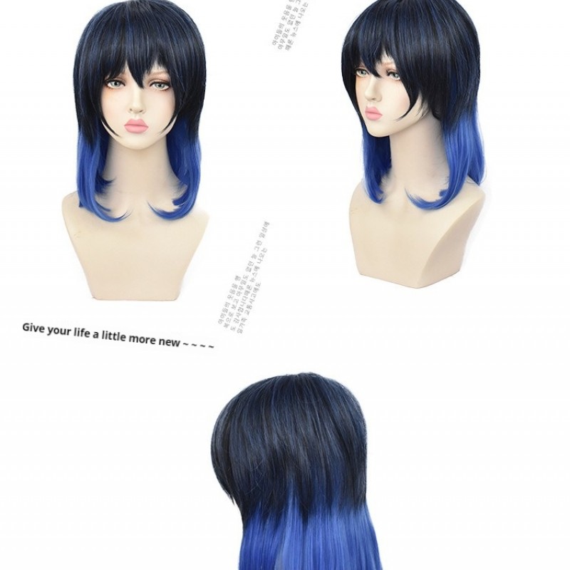 Demon Slayer Inosuke Hashibira Cosplay Wig Black Blue Gradient 40cm