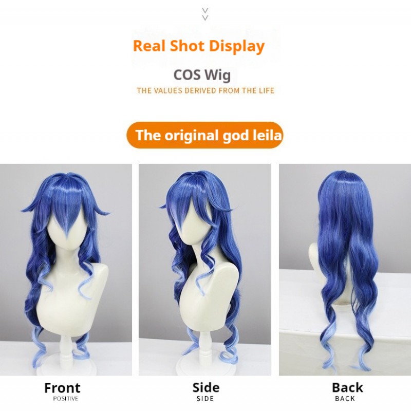 Genshin Impact Layla Cosplay Wig  Blended Blue Gradient Long Wavy Hair with Dual Buns 95cm