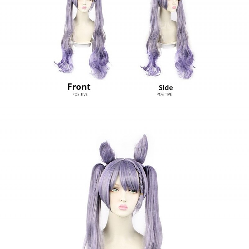 Genshin Impact | Keqing Cosplay Wig Double Ponytail with Cat Ears, Smoke Purple to Light Gray Gradient 80cm