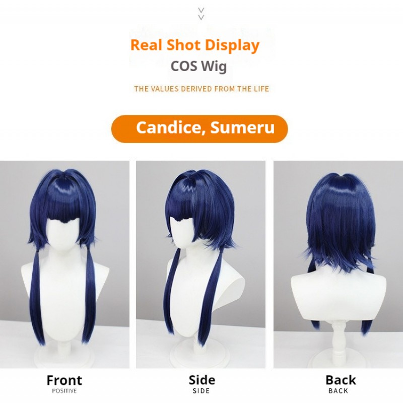 Genshin Impact | Sumeru Candace Cosplay Wig  Deep Blue Long Sideburns Double Braids 55cm