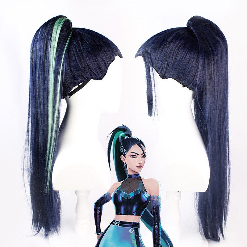 League of Legends K/DA Pop Group - THE BADDEST Kai'Sa Cosplay Wig - Mixed Navy Blue and Green High Ponytail