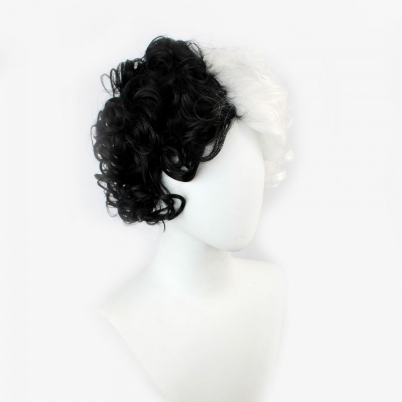 Cruella De Vil COS Wig Black White Short Curly Hair 30cm