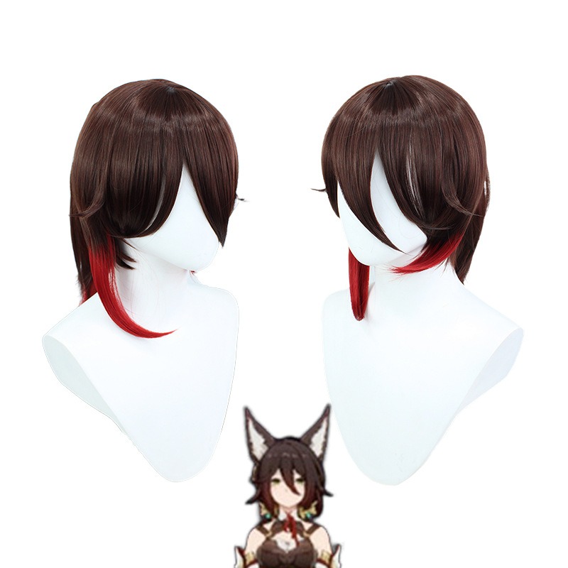  Stellar Railways Ting Yun Cosplay Wig - Brown with Red Highlights Short Hair 40cm