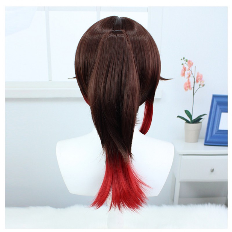  Stellar Railways Ting Yun Cosplay Wig - Brown with Red Highlights Short Hair 40cm