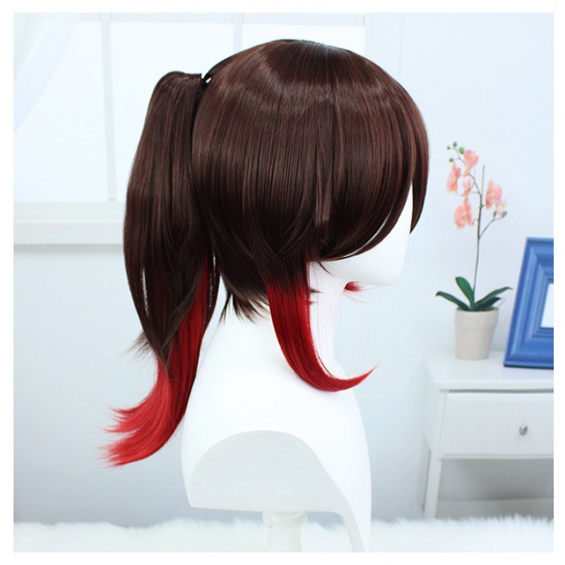  Stellar Railways Ting Yun Cosplay Wig - Brown with Red Highlights Short Hair 40cm