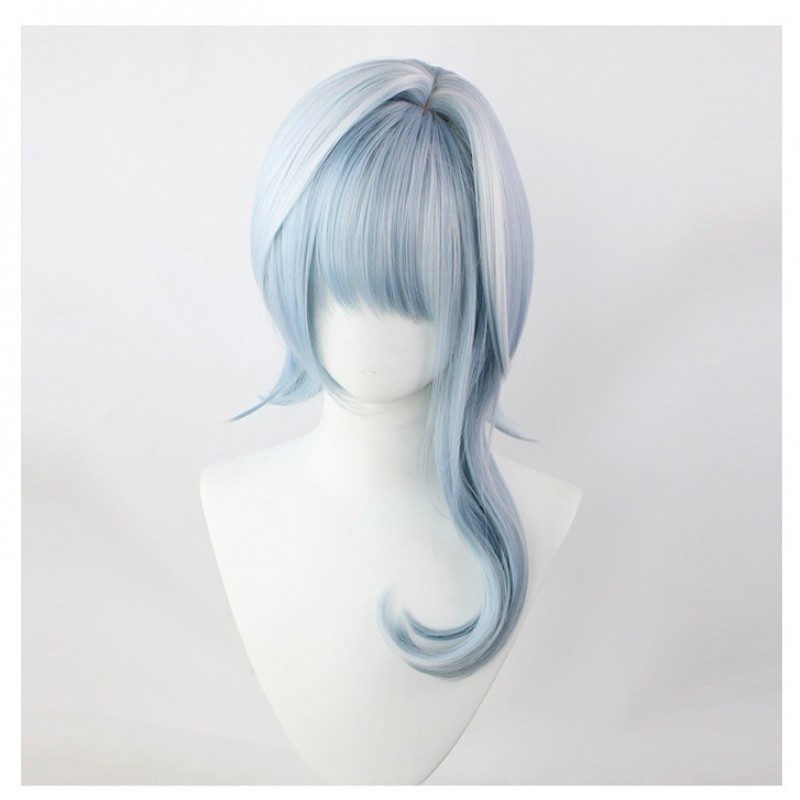 Genshin Impact Eula Cosplay Wig - Blue and White Ombre with Highlights, Flip-up Style, and Irregular Sideburns