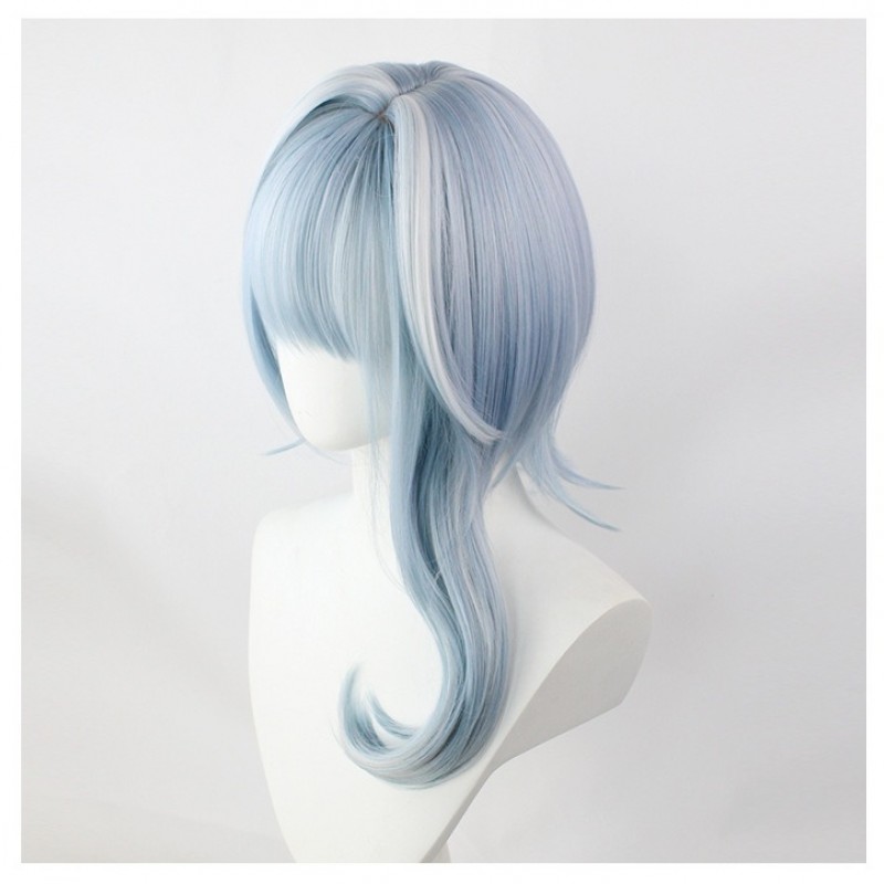 Genshin Impact Eula Cosplay Wig - Blue and White Ombre with Highlights, Flip-up Style, and Irregular Sideburns