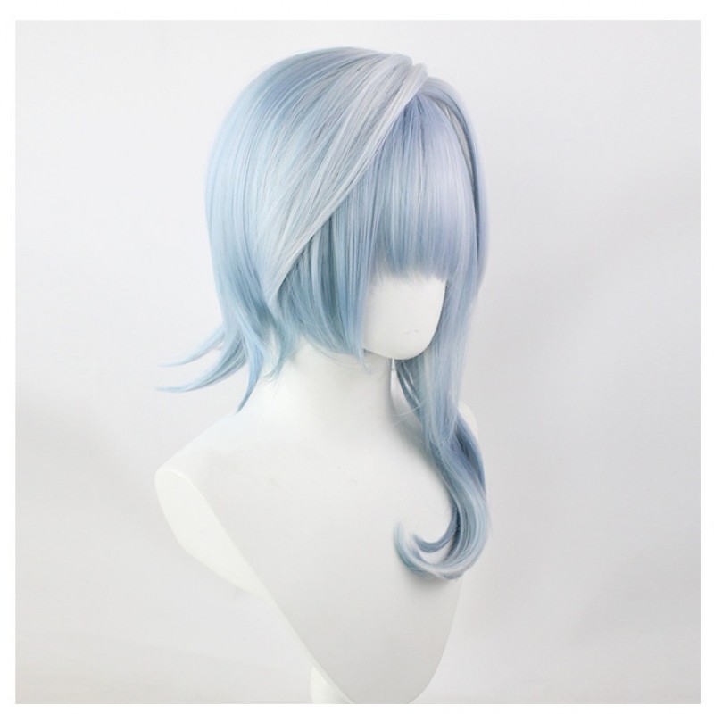 Genshin Impact Eula Cosplay Wig - Blue and White Ombre with Highlights, Flip-up Style, and Irregular Sideburns