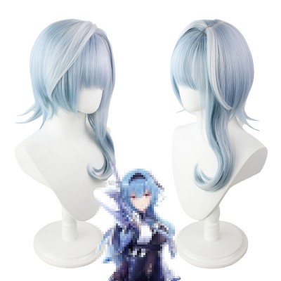 Genshin Impact Eula Cosplay Wig - Blue and White Ombre with Highlights, Flip-up Style, and Irregular Sideburns