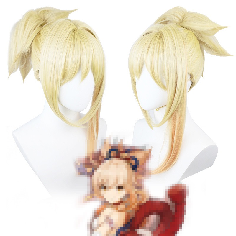 Genshin Impact | Ryuukaeika Yoimiya Cosplay Wig Light Gold Gradient Ponytail with Butterfly 33cm