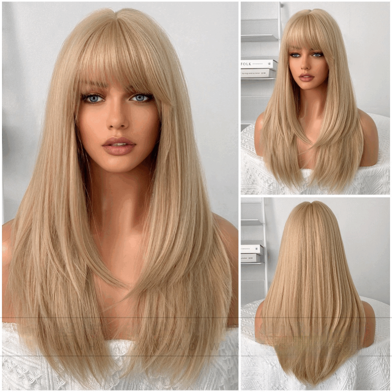 Long Straight Wig with Straight Bangs in Golden 