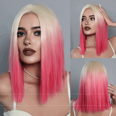 Dreamy Pink Gradient Short Straight Bob Wig with Lace Cap