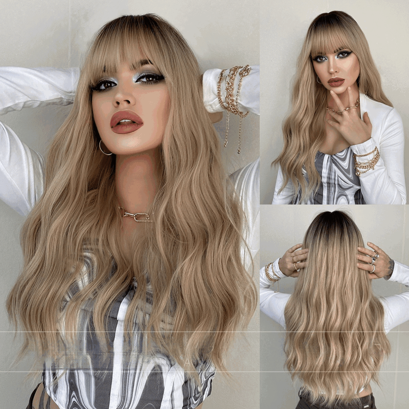 Golden Wave Enchantmen Long Bangs Wavy Gold Curly Synthetic Wig