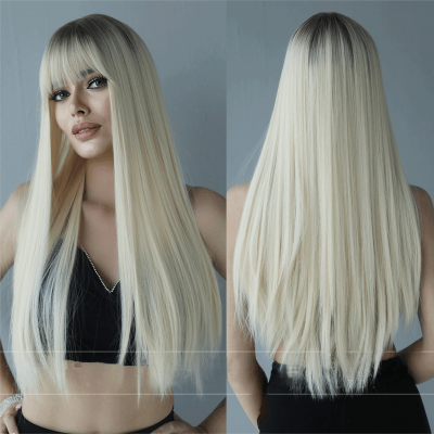 Extra-Long Straight Platinum to Pencil Gray Ombre Synthetic Wig