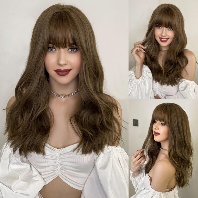 Icy Brown Straight Bangs Long Wavy Wig with Big Waves