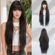 Round Face Layered Bangs Extra-Long Straight Black Wig