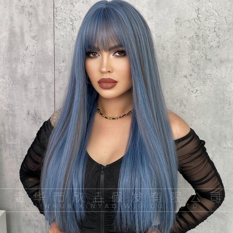 Mermaid Blue Highlights Straight Bangs Long Straight Wig