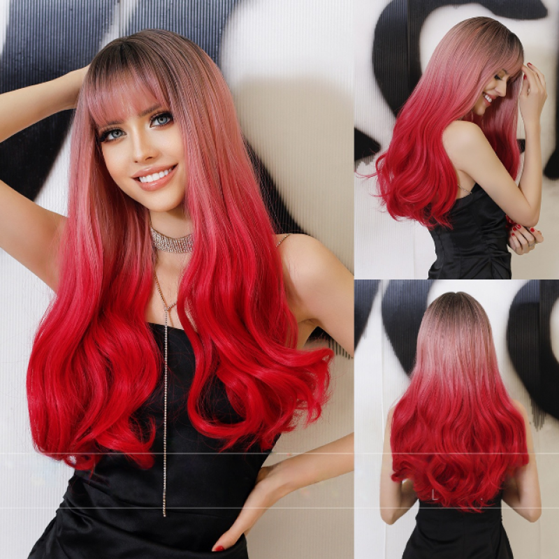 Mermaid Pink Bangs Long Curly Synthetic Wig