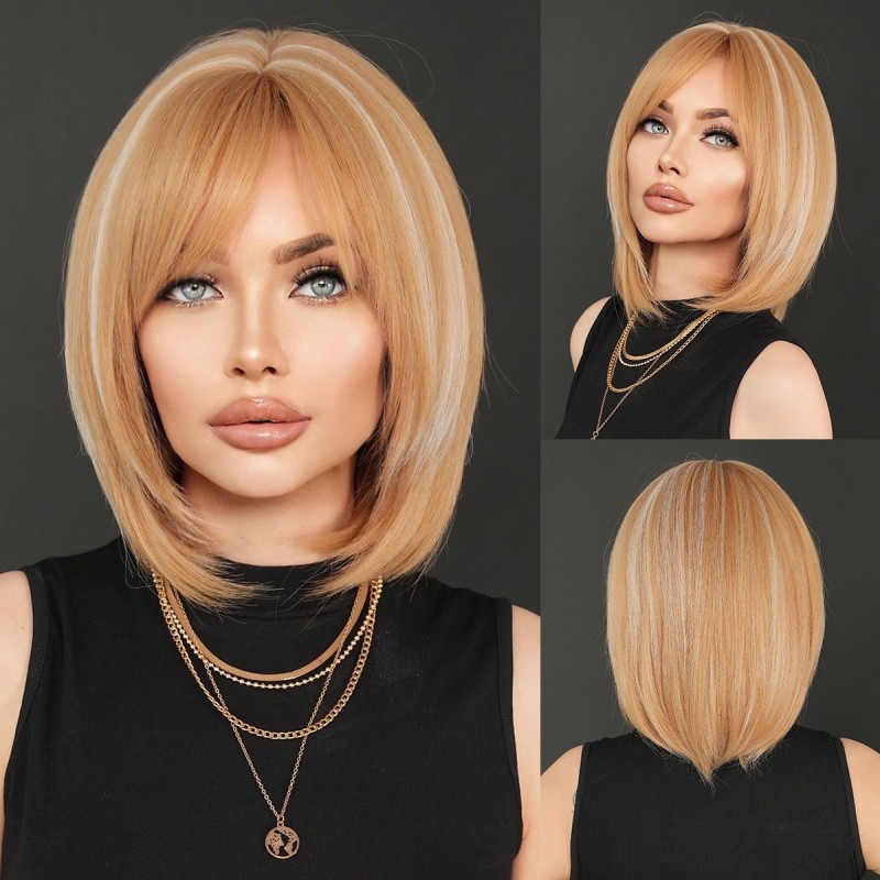 Short Straight Bob Wig with Golden Highlights and Side Bangs Wig
