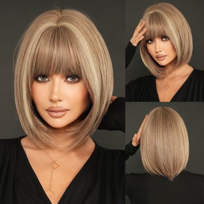 Short Straight Hair with Bangs in Tea Brown and Beige Highlighted Color Bob Wig