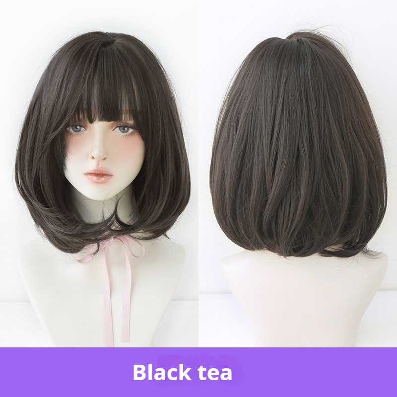 Shoulder-Length Bob Short Straight Wig with Black and Gold Highlights Wig