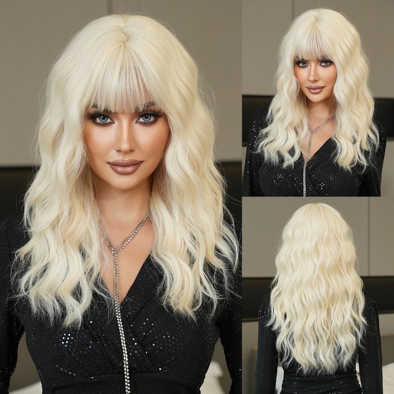 Platinum Blonde Mid-Length Wavy Bang Wig 50cm