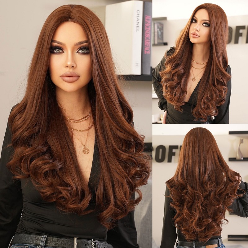 Brown Long Wavy Wig with Center Part