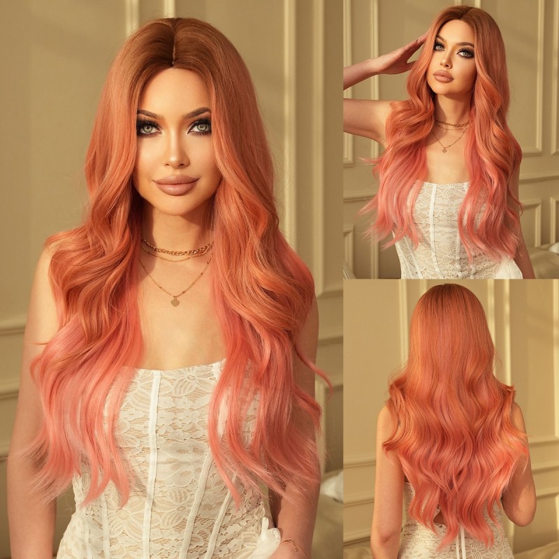 Pink Gradient Long Curls Center Part Big Waves Wig