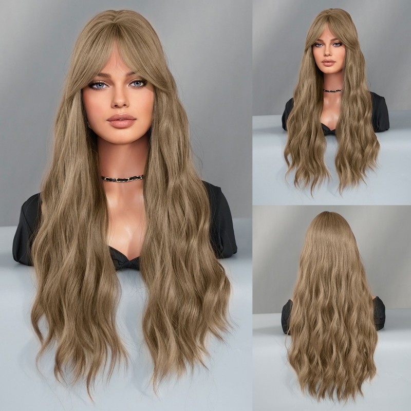 Coco Brown Long Wavy Wig with Side Bangs