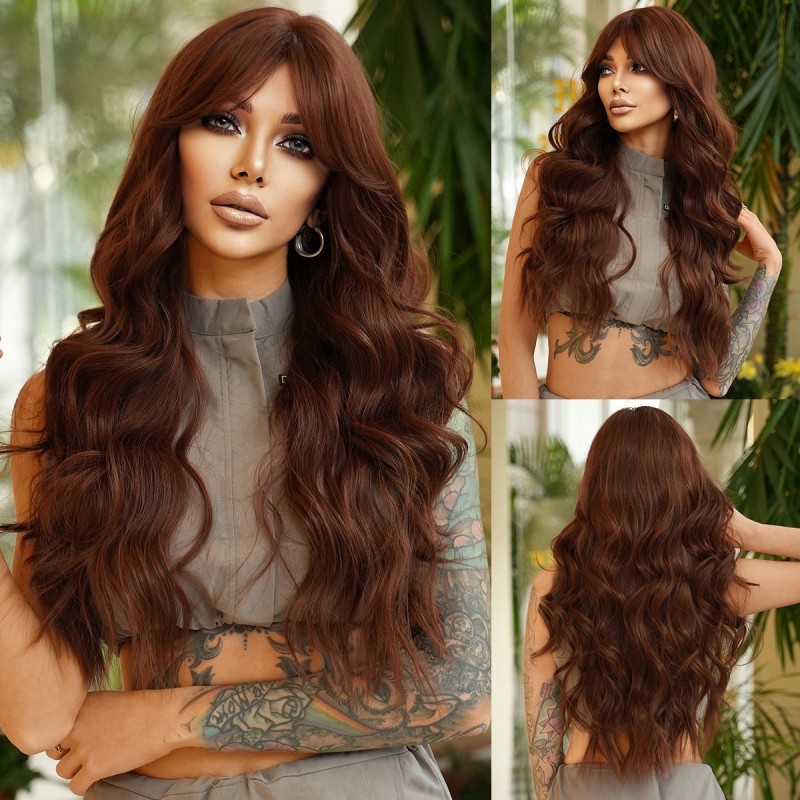 Coco Brown Long Wavy Wig with Side Bangs
