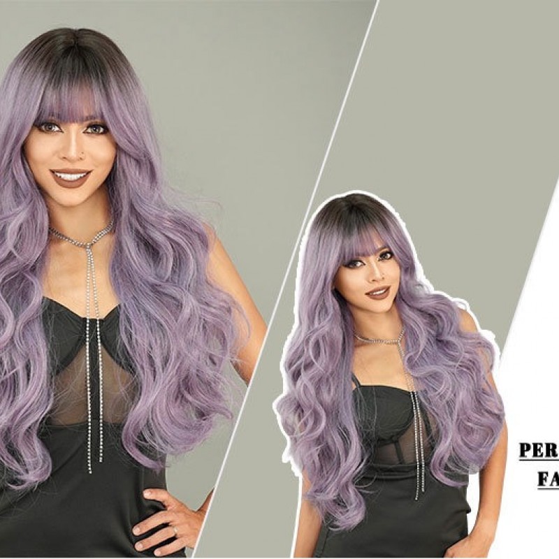 Ash Purple Long Wavy Wig with Root Color Synthetic Hair