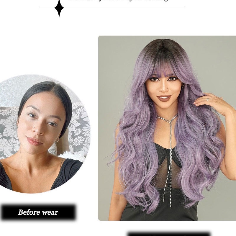 Ash Purple Long Wavy Wig with Root Color Synthetic Hair